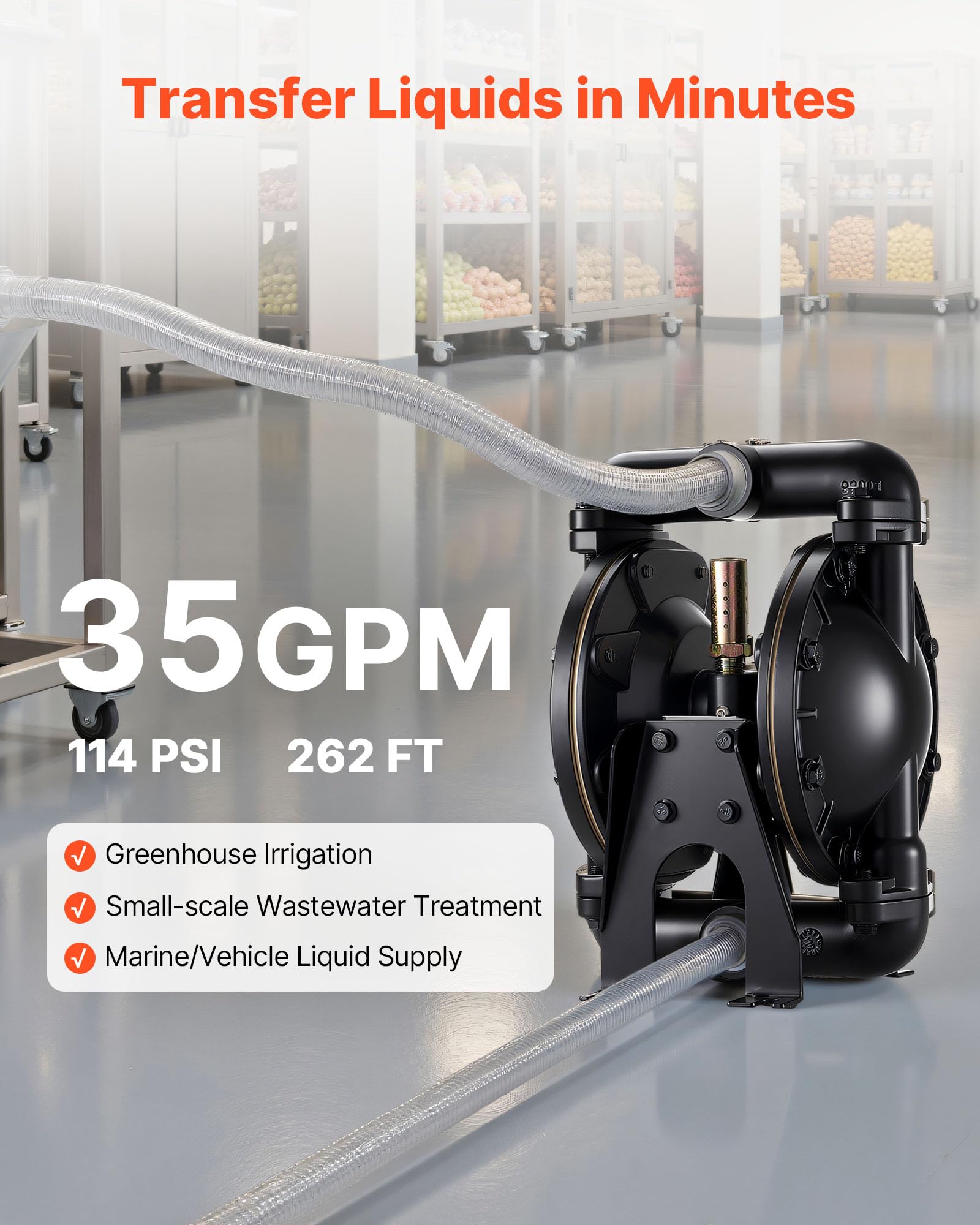 VEVOR Pompa pneumatyczna z podwójną membraną, 35 GPM, 1 calowa pompa do transferu oleju wlotowego i wylotowego, maks. 114 PSI, korpus ze stopu aluminium, zasilana powietrzem do oleju napędowego, smaru