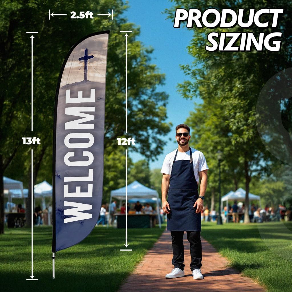 LookOurWay Feather Flag Set, 12 ft Advertising Flag with Fiberglass Poles and Ground Spike for Business Promotion, Church Theme (Welcome)