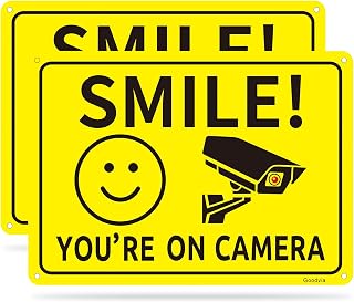 Goodvia Smile You Are On Camera Sign Metal 7 X 10", Smile CCTV Sign Reflective Aluminum Funny CCTV Signs Outdoor CCTV Signage Metal, Pack of 2