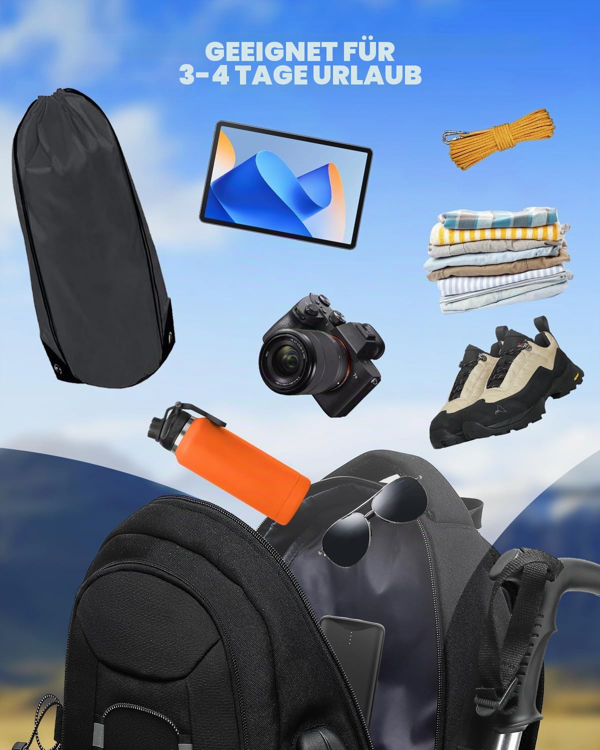 Besttravel Reiserucksack, 45 l, wasserdicht, große Kapazität, für Laptop 43,9 cm (17,3 Zoll), Trekking, Herren, Damen, für Sport im Freien, Camping – Schwarz