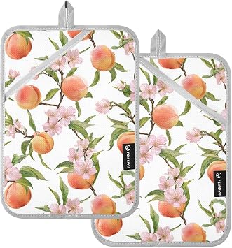 Peach Fruit Peach Pot Holders for Kitchen Tree Branch Heat Resistant Hot Pads with Hand Pockets and Hanging Loops, Potholders 2 Pack Set for Cooking Baking Microwave