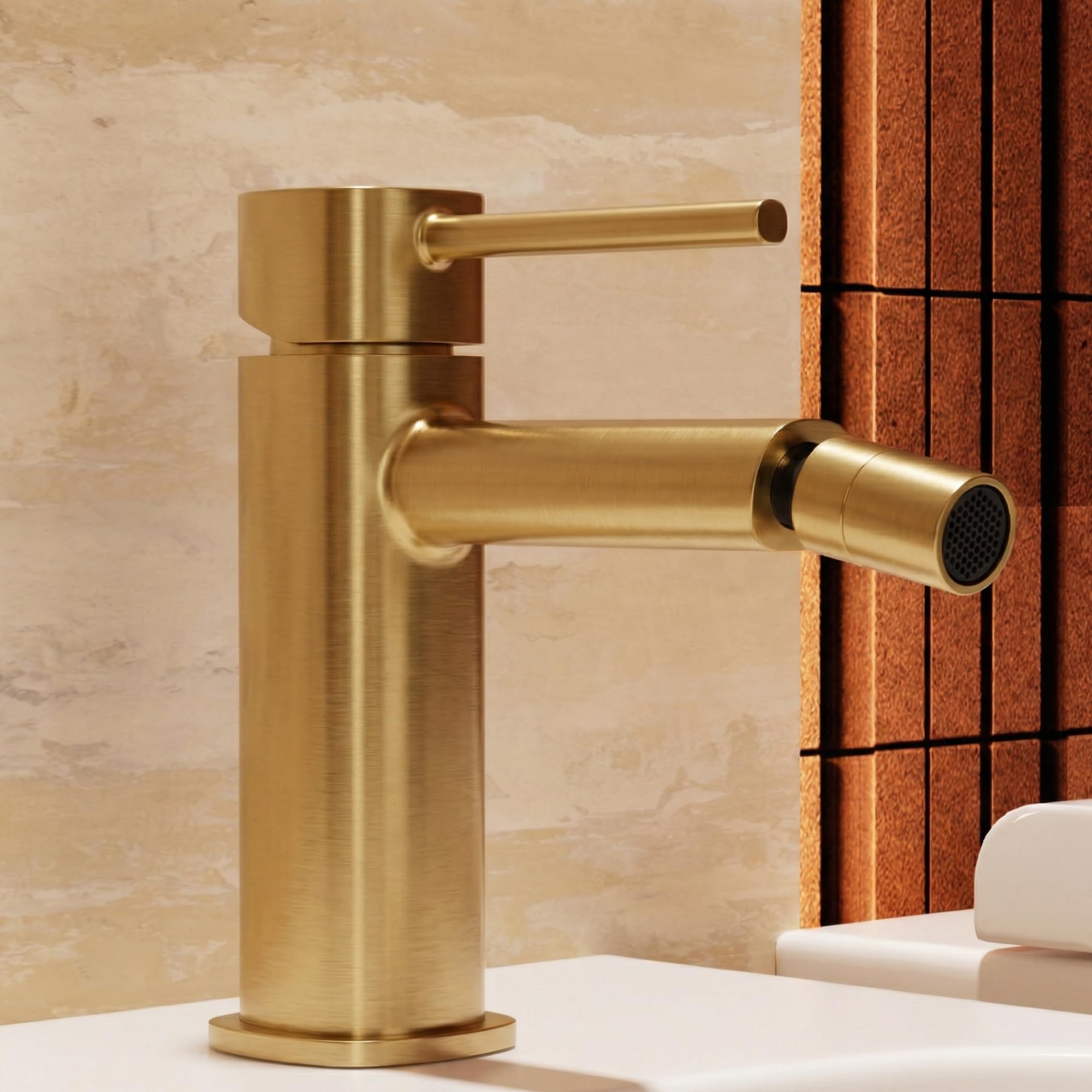 IMEX Bidet Złoty kran łazienkowy, jednouchwytowa bateria łazienkowa, szczotkowane złoto, bateria bidetowa z mieszaczem ciepłej i zimnej wody, bateria bidetowa, bateria Bidet, łatwa instalacja, seria