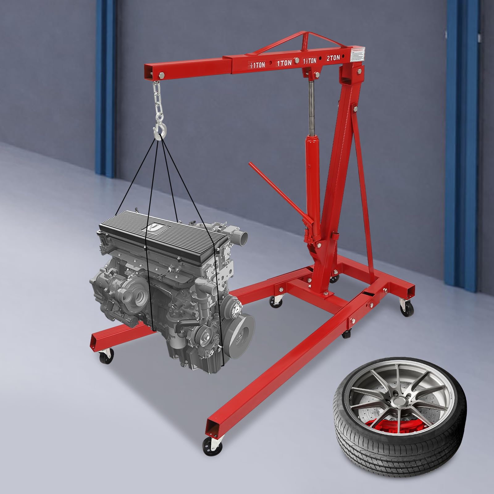 Gru idraulica pieghevole da 2 tonnellate (2000 kg) – Gru per motori con 6 ruote e 4 livelli di regolazione dell'altezza, capacità di carico fino a 2000 kg per motore, trasmissione, sollevamento in