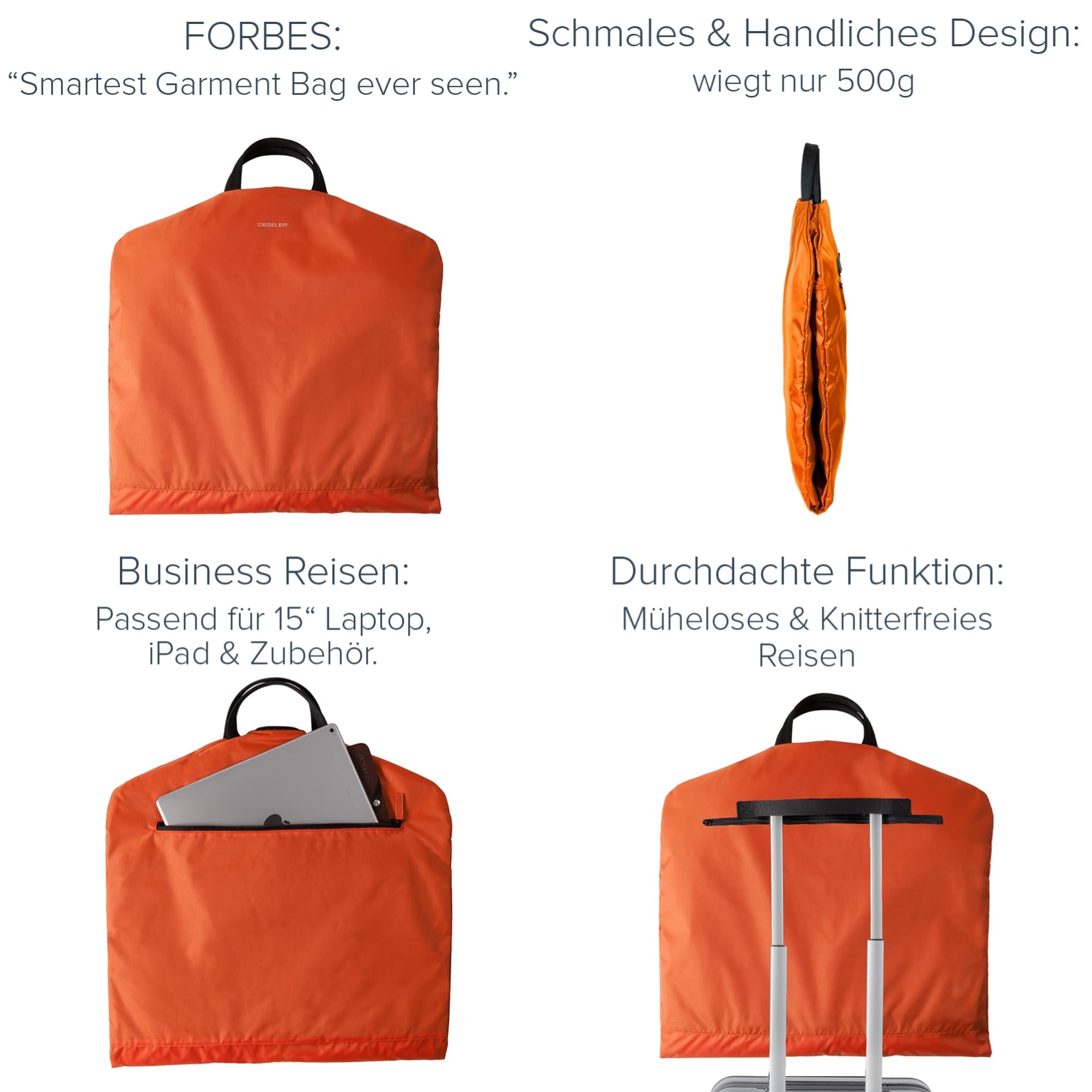 SkyHanger - Kleidersack mit einzigartigem Titan-Kleiderbügel für Damen & Herren - durchdachte Anzugtasche für knitterfreies Reisen - leichtes & wasserabweisendes Nylon - orange