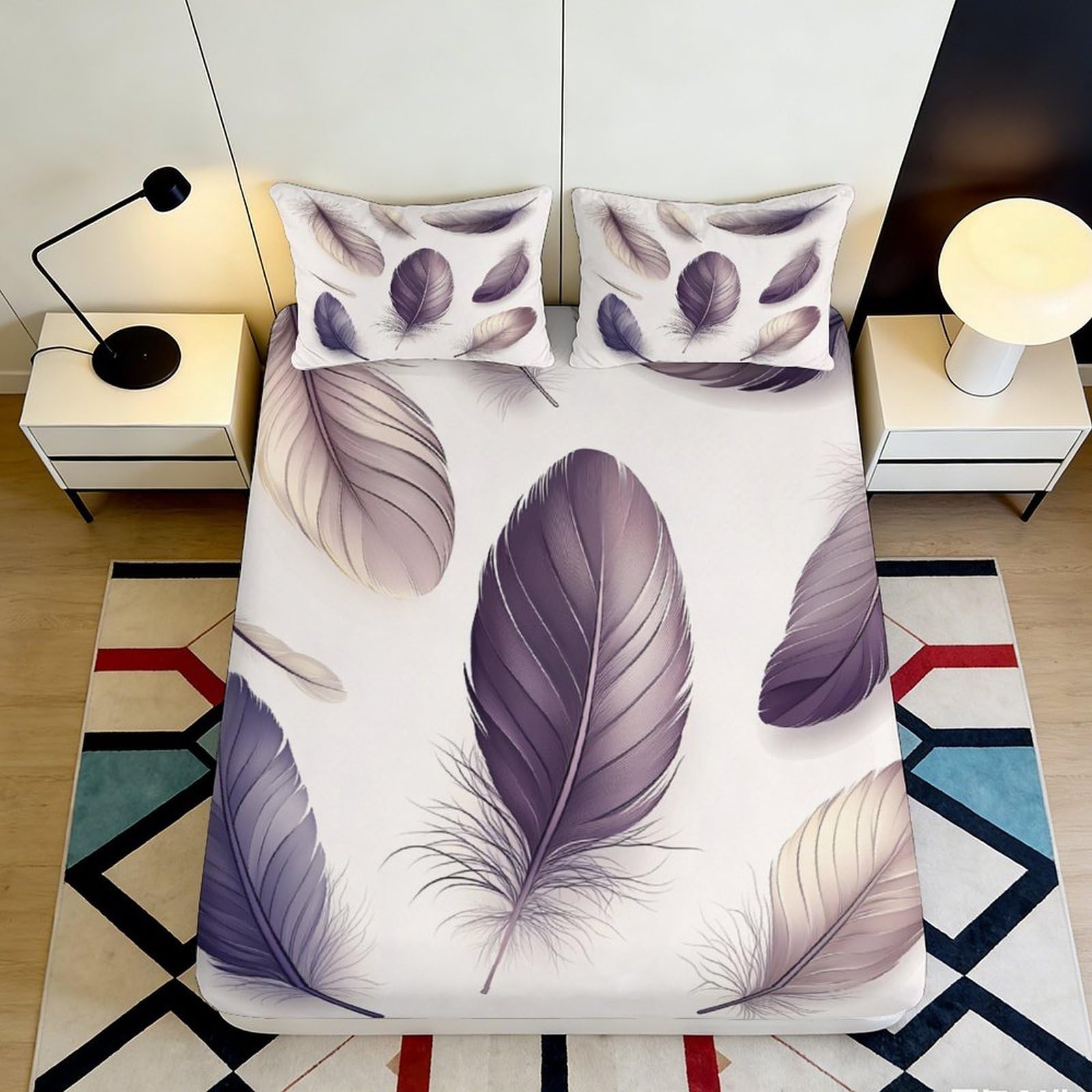 3D Printed Purple Feather Fitted Sheet Microfiber Soft Breathable Abstract Leaf Bed Cover for Bedroom Guest Room Decor 90x200x25cm