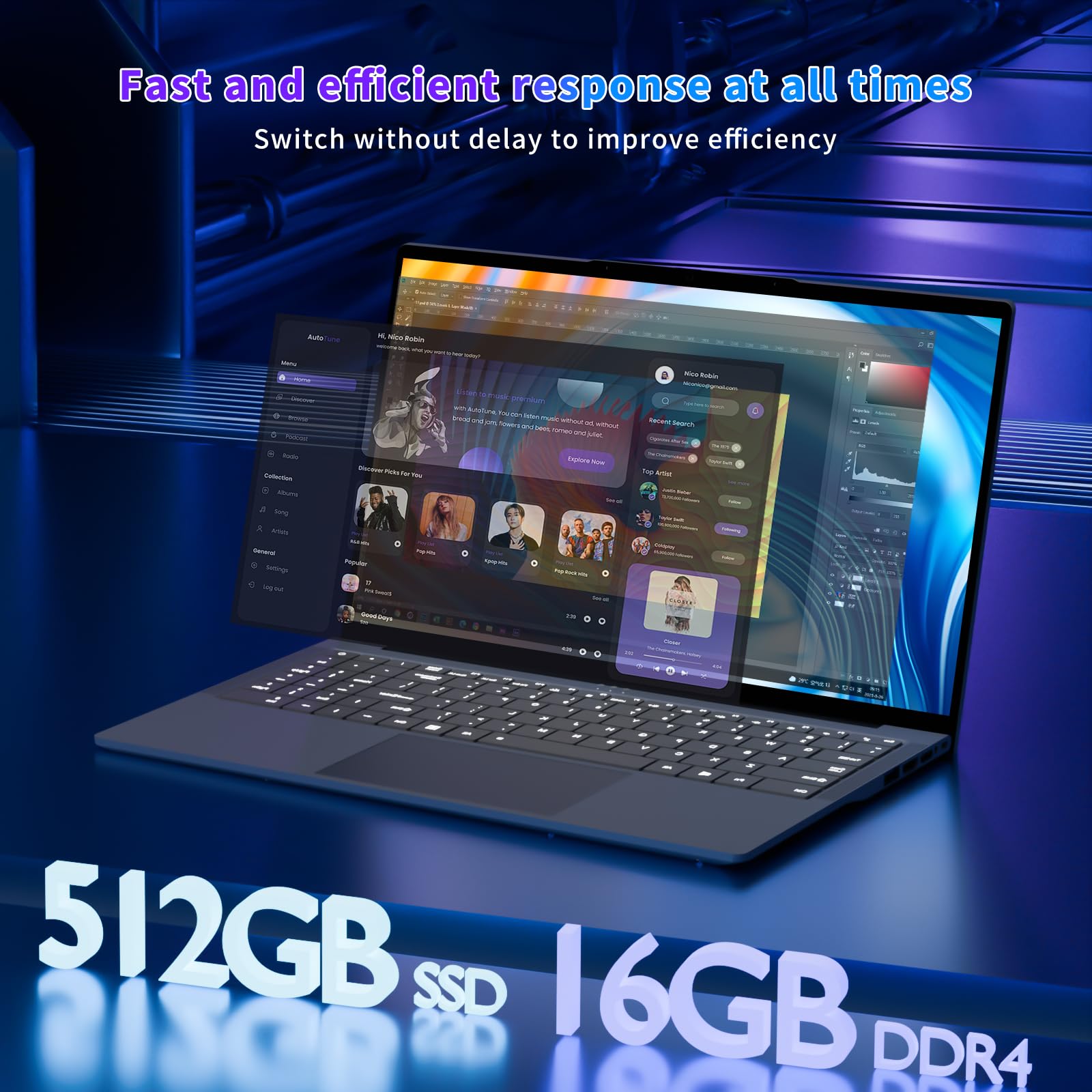 PC Portatile da 16 pollici, Notebook Core i5-8210Y processore 16 GB RAM 512 GB SSD, Laptop con FHD 1920 * 1080, RJ45, tipo C, USB 3.0, Wi-Fi dual band, Bluetooth 5.0, tastiera digitale retroilluminata