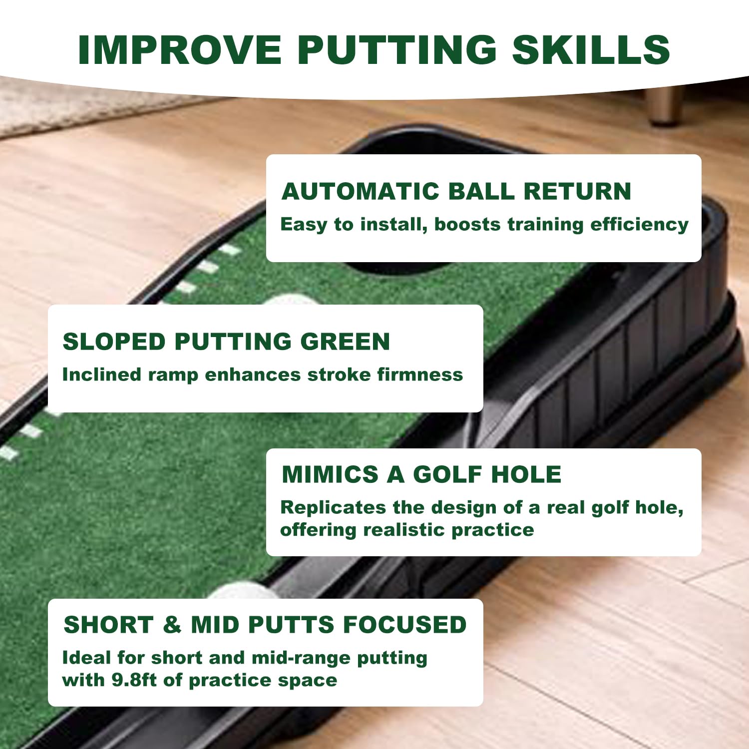 Golf Putting Mat Set mit Putting Green & 4 Golfbällen - 3.0 m Trainingshilfe Matte mit Ballrücklauf für Indoor & Hinterhof Übung - Tolles Geschenk für Golfer und Anfänger