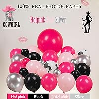 Vista 3 de Decoración de fiesta de vaquera rosa intenso con globos de aluminio de estrella de disco plateados, pancarta de oropel para niñas, telón de fondo