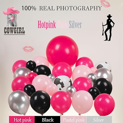 Miniatura 3 de Decoración de fiesta de vaquera rosa intenso con globos de aluminio de estrella de disco plateados, pancarta de oropel para niñas, telón de fondo