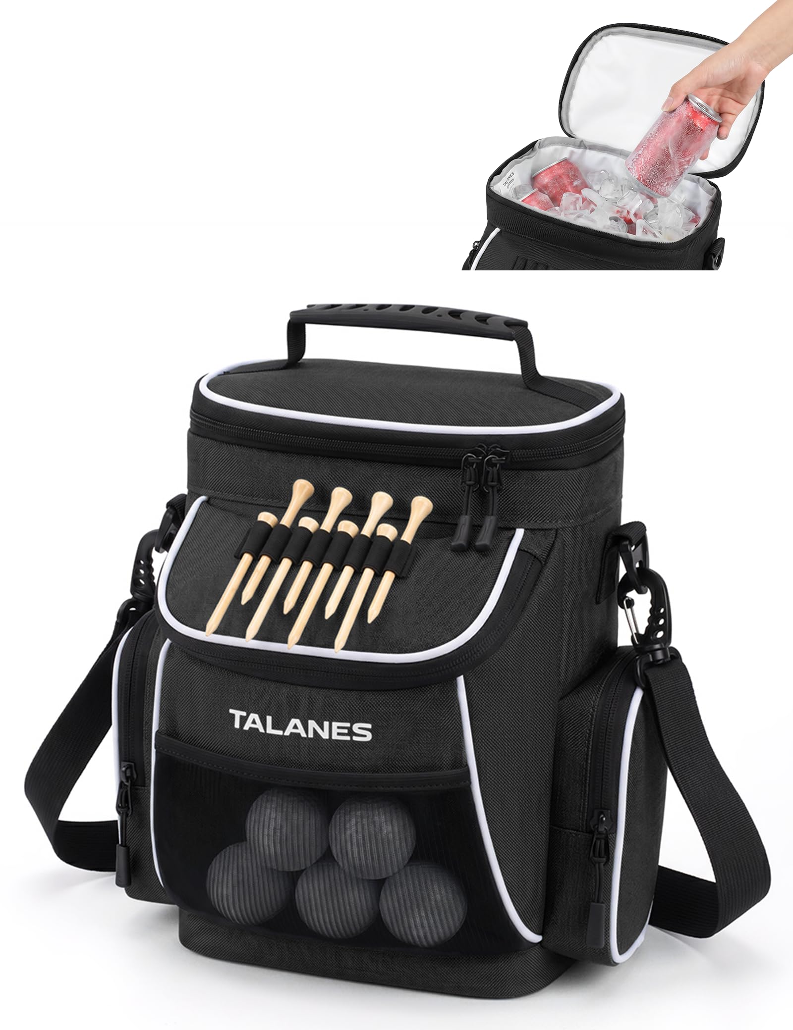 Talanes 15-Can Golf Cart Cooler Bag, Tee Holder | 600D Polyester Shell, Insulated Lining, Front and Side Pockets, Mesh Glove Pocket, Shoulder Strap