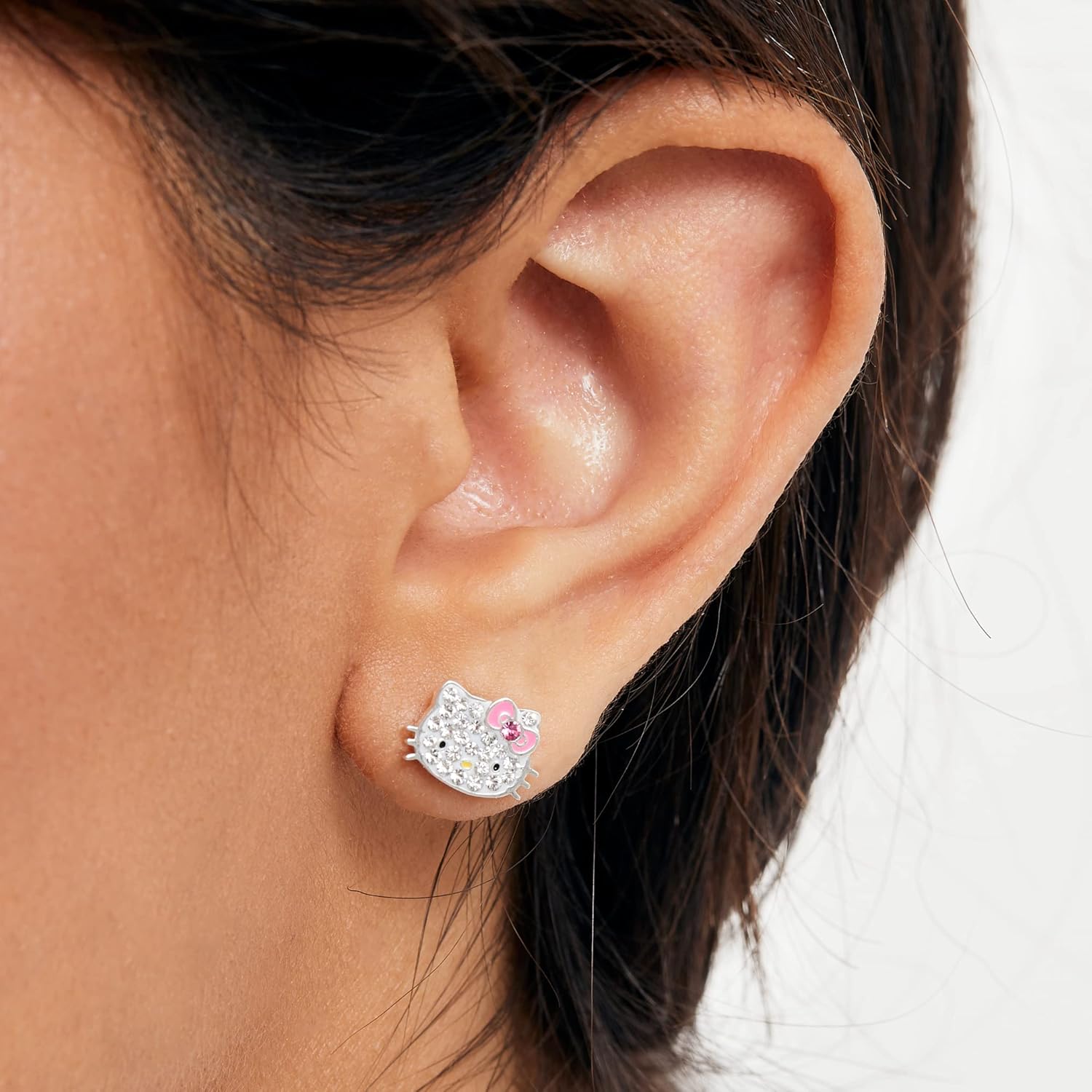 Sanrio Hello Kitty Womens Clear Crystal Stud Earrings - Silver Plated Hello Kitty Earrings Officially Licensed