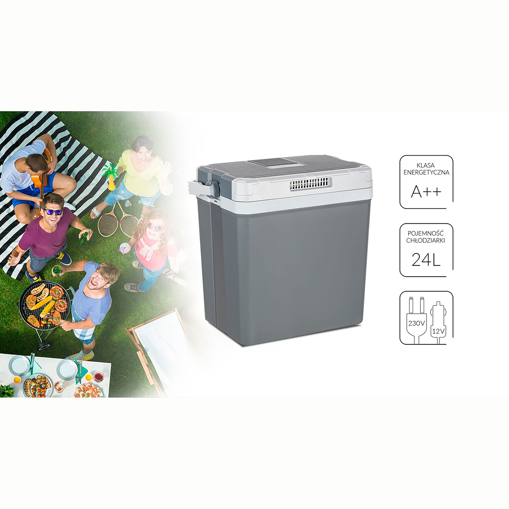 MPM MPM-28-CBM-08Y Chłodziarka Turystyczna, Termoelektryczna, 24 l, 12 V 220-240V, Chłodzenia do 16°C Poniżej Temperatury Otoczenia, Klasa Energetyczna: A++, do Picnics, Podróży, Domu, Funkcje ECO