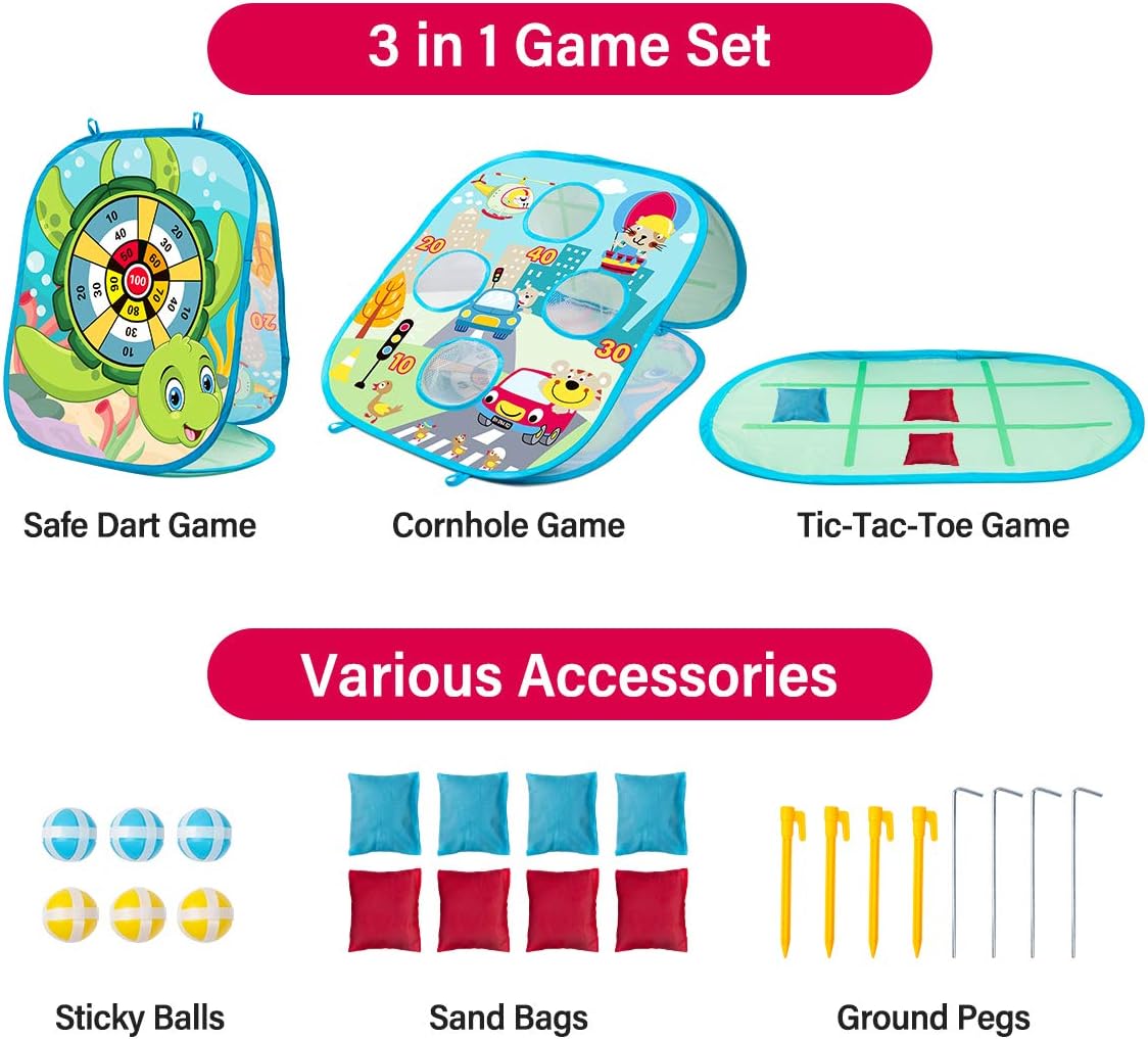 3 in 1 Bean Bag Toss Game Set for Kids, Outside Toys for Kids Toddlers Ages 3-5 4-8 4-7, Collapsible Cornhole and Dart Board with 8 Bean Bags, Crab & Turtle Themed, Birthday Gift for Boys Girls (Blue) : Toys & Games
