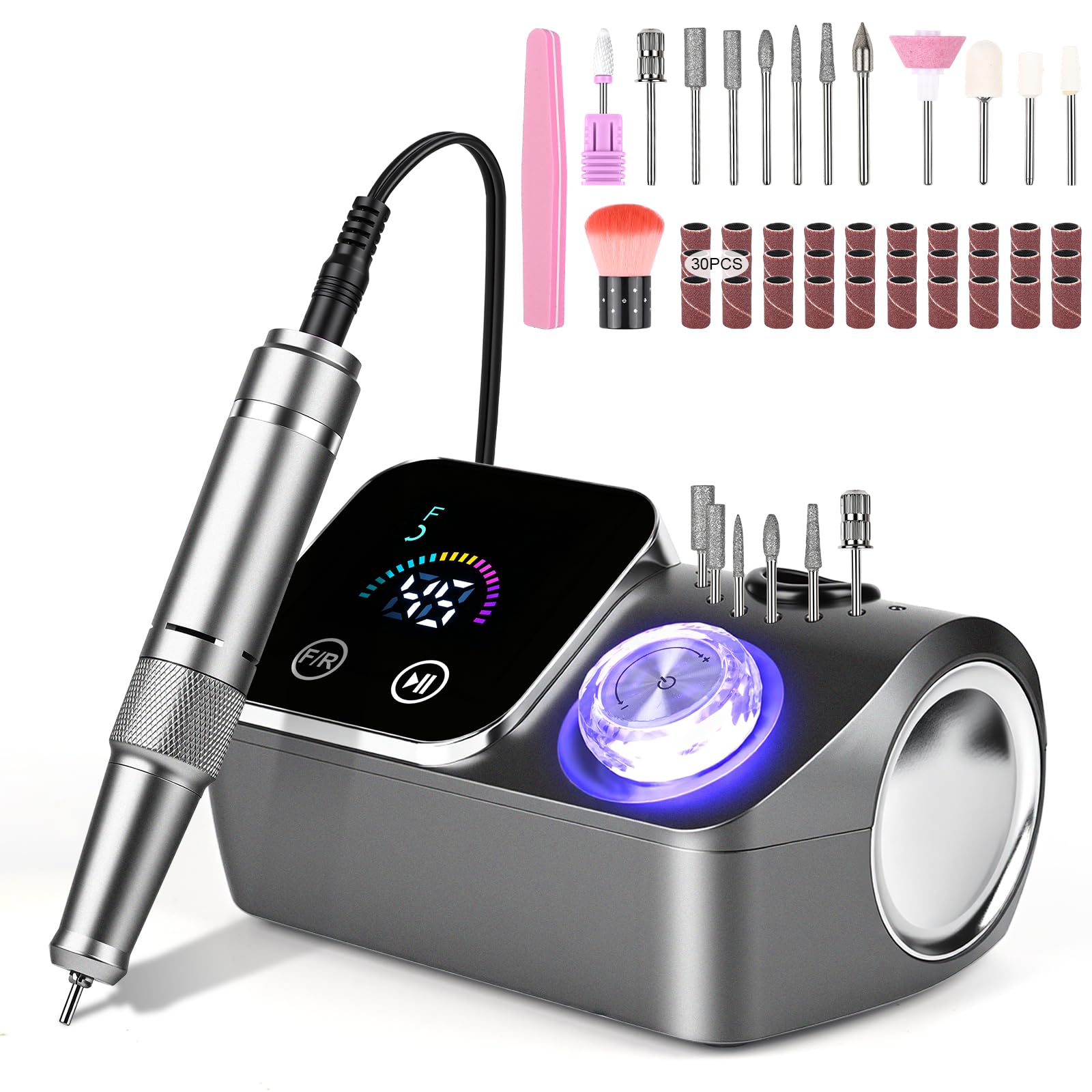 Ponceuse pour Ongles Professionnelle 45000 RPM,12 en 1 Lime a Ongle Electrique Portable,Ponceuse Ongles avec Écran LCD & Support,Lime à Ongle Electrique Silencieux,Conçu pour Les Salon,(Gris)