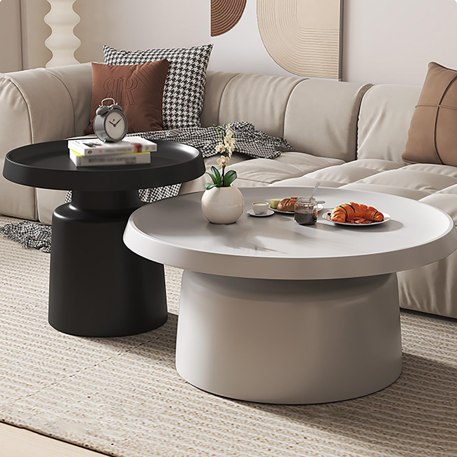 LifestyleFurn Halfronde Salontafel Beckie Mangohout en Keramiek in Travertin-look, Set van 2 stuks LifestyleFurn Halfronde Salontafel Beckie Mangohout en Keramiek in Travertin-look, Set van 2 stuks