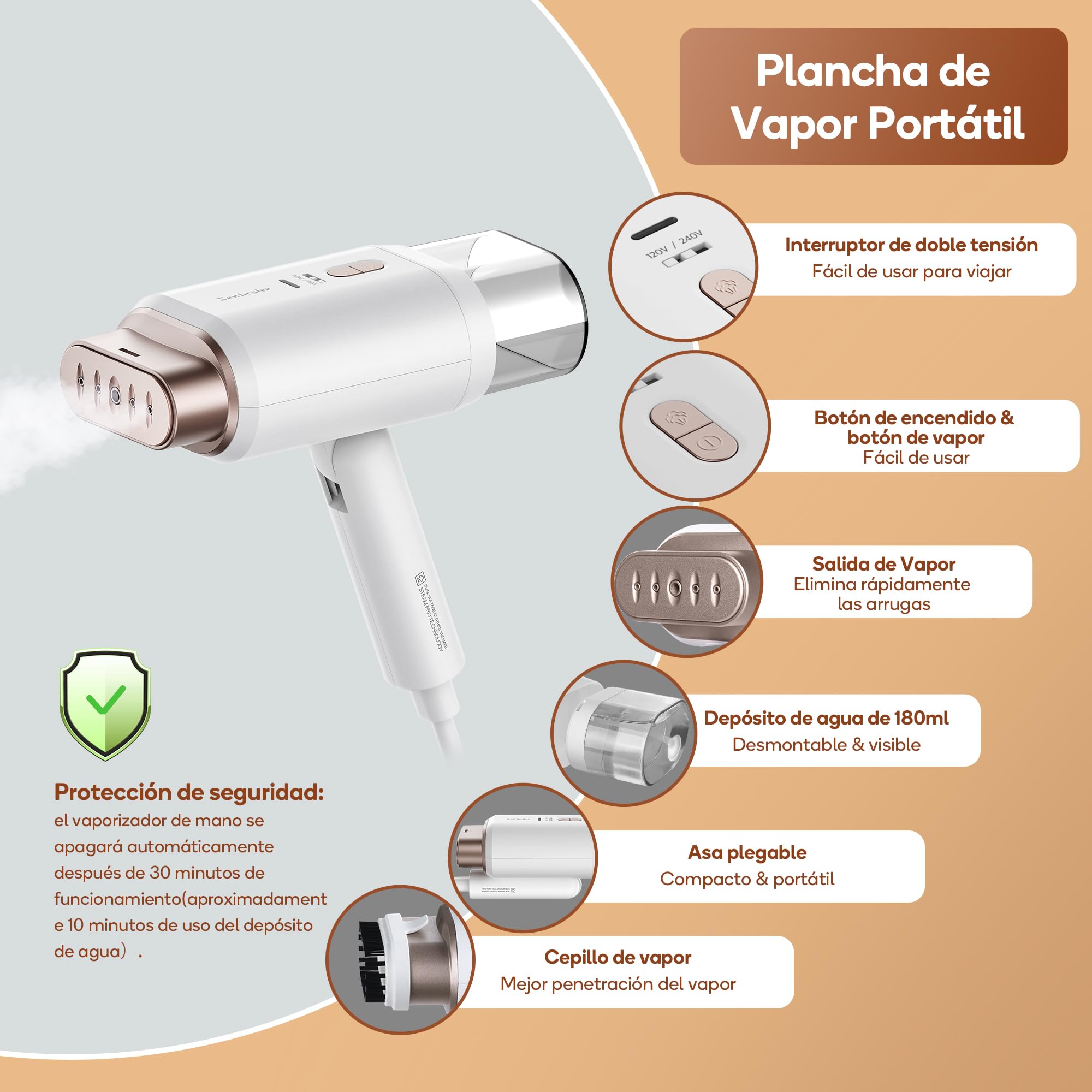 Newbealer Plancha Vertical Vapor, Plancha de Ropa Portátil Doble Voltaje 100V-240V para Viaje, 20s Calentamiento Rápido y Autoapagado, Tanque de Agua Removible de 180 ml