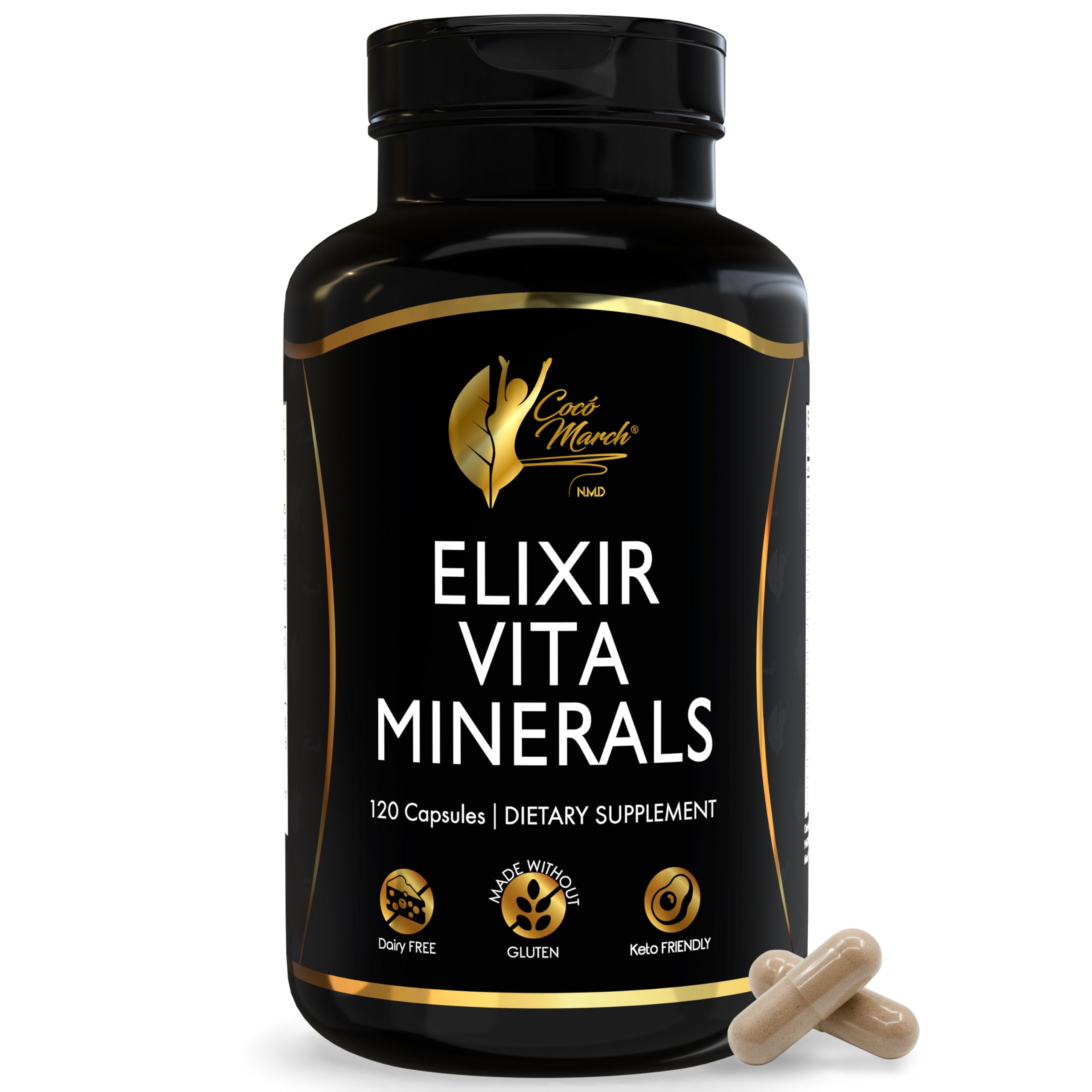 Cocó March N.M.D Elixir Vita Minerals – Multivitamin for Women & Men with Trace Minerals, Activated B Vitamins & High A D E K, Gluten Free & Dairy Free, 24 Essential Vitamins & Minerals - 120 Capsules