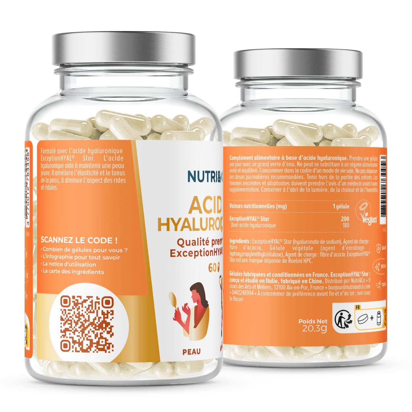 NUTRI & CO Acide Hyaluronique - Formule Anti-Age & Anti-Rides Efficace - Hydrate en Profondeur - Hydratation et Élasticité de la Peau - 60 gélules Vegan Made in France