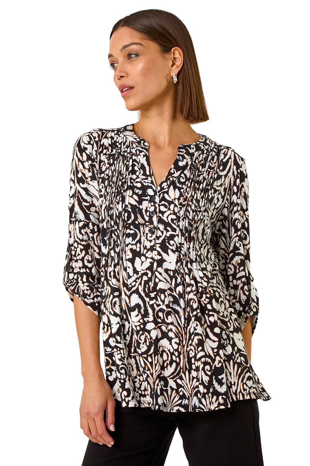 Roman Women's Cream Abstract Print Pintuck Shirt Size 10