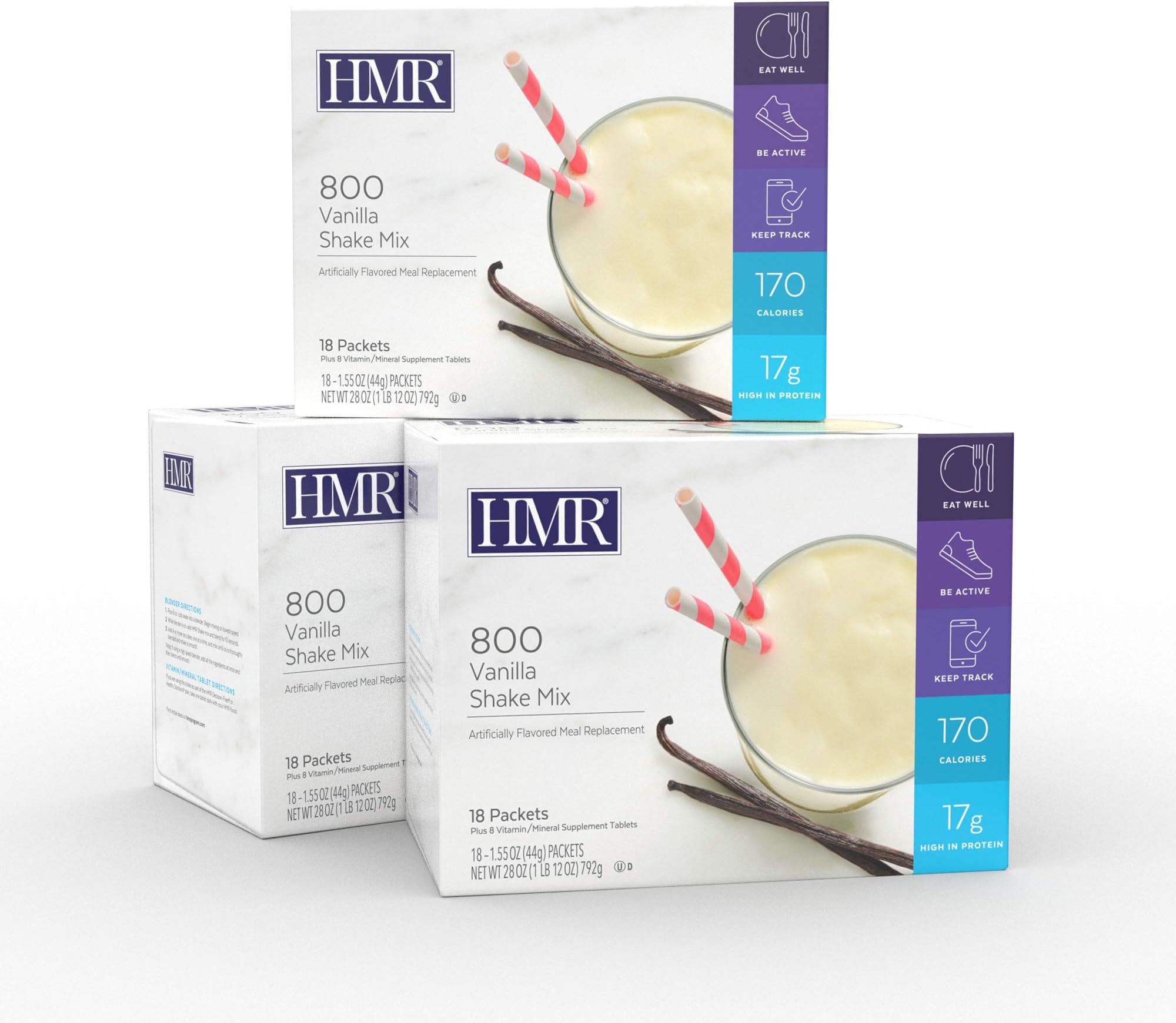 HMR 800 Vanilla Shake Meal Replacement Triple Pack, 16g Protein, 170 Cal, 3 Boxes of 18 Single-Serve Powder Packets