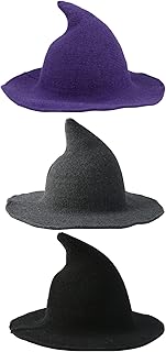Cotiny 3 Pack Halloween Witch Hat Kinitted Wool Witch Hat Wizard Hat for Women Large Brim Crochet Cap for Halloween Party Cosplay Costume Accessory (Color set 9)