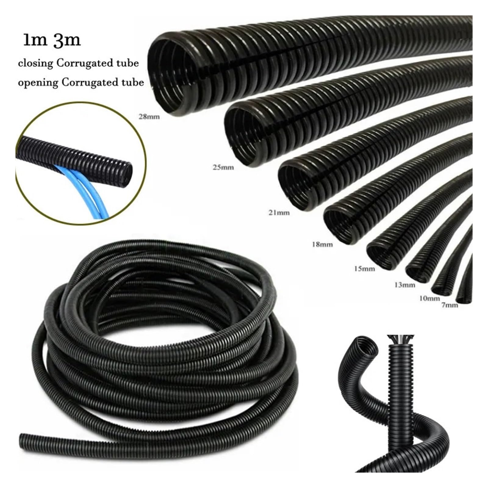 Tubo corrugado, Conducto de cable corrugado dividido negro varios tamaños(Close,16X13MM-3METER)