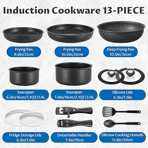 Miniatura 7 de BEZIA Juego de utensilios de cocina de inducción de 13 piezas, juego de ollas y sartenes antiadherentes con asas extraíbles, para todas las