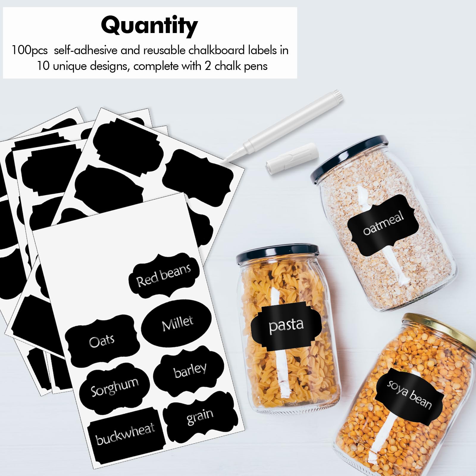 Poeland 100pcs Chalkboard Label Stickers, 10 Assorted Shapes with 2 White Chalk Marker - Image 2