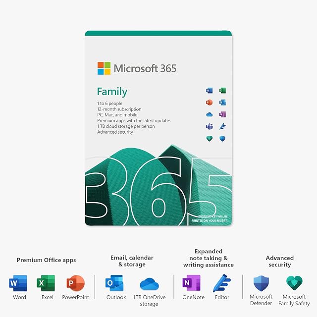 Microsoft 365 Family | Office 365 apps | up to 6 users | 1 year subscription | Multiple PCs/Macs, Tablets and Phones | multilingual | Box