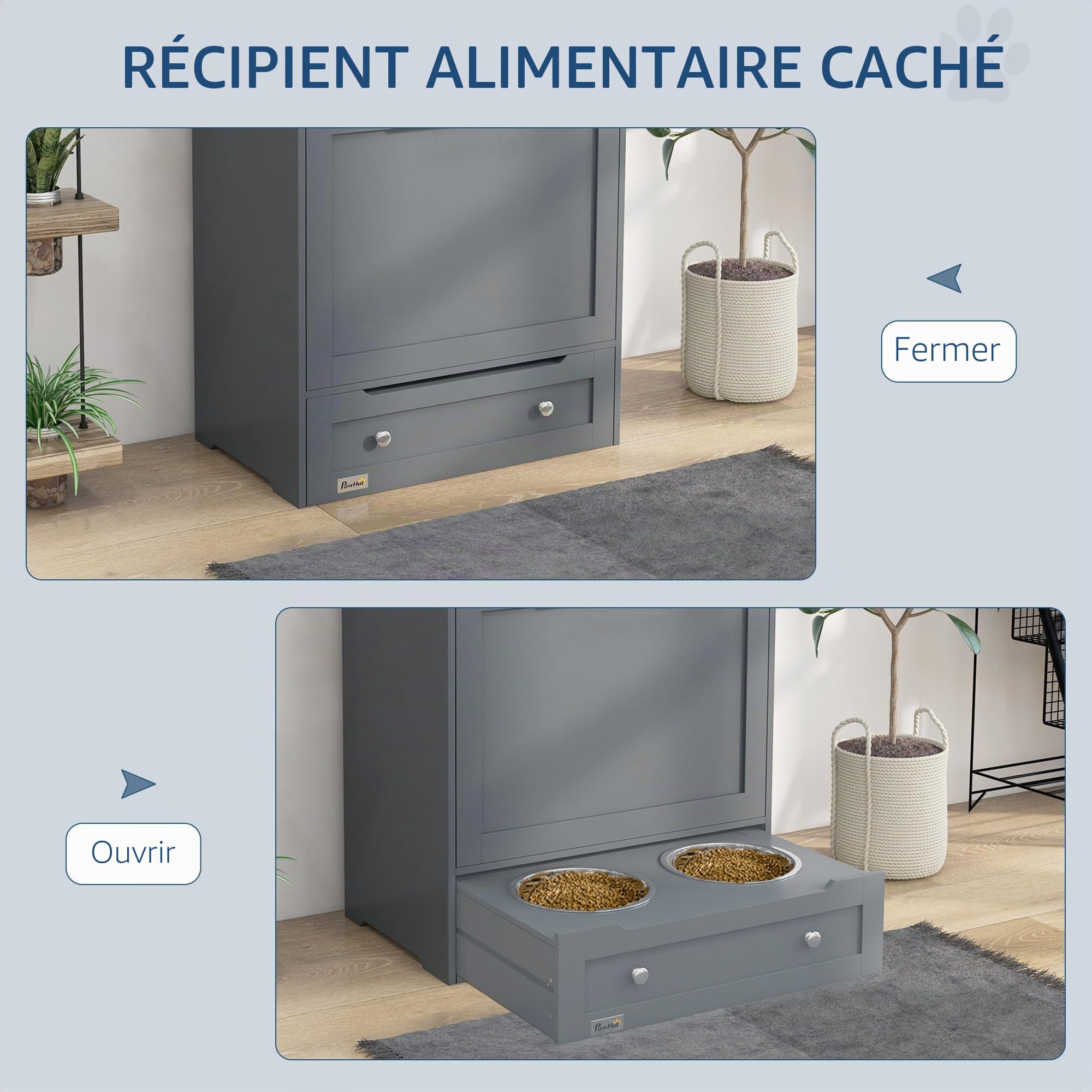 Station de mangeoire PawHut pour animaux de compagnie, contenant de rangement pour nourriture pour chien avec gamelles surélevées, crochet, pour nourriture et eau - Gris