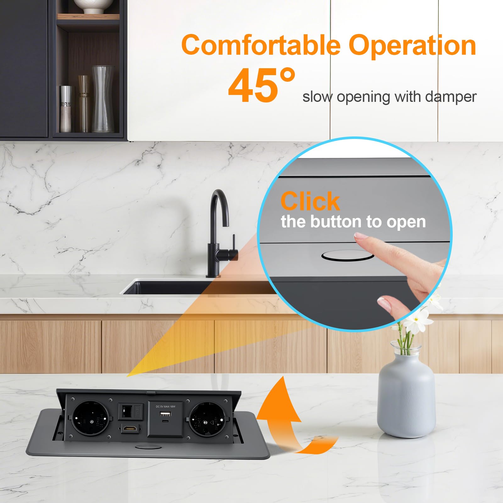 Prise escamotable avec couvercle, 2 prises Schuko, USB-A & USB-C, connecteur RJ45 et HDMI 2.0, câble de 1,5 m, idéal pour bureau, table de conférence, cuisine et bureau à domicile