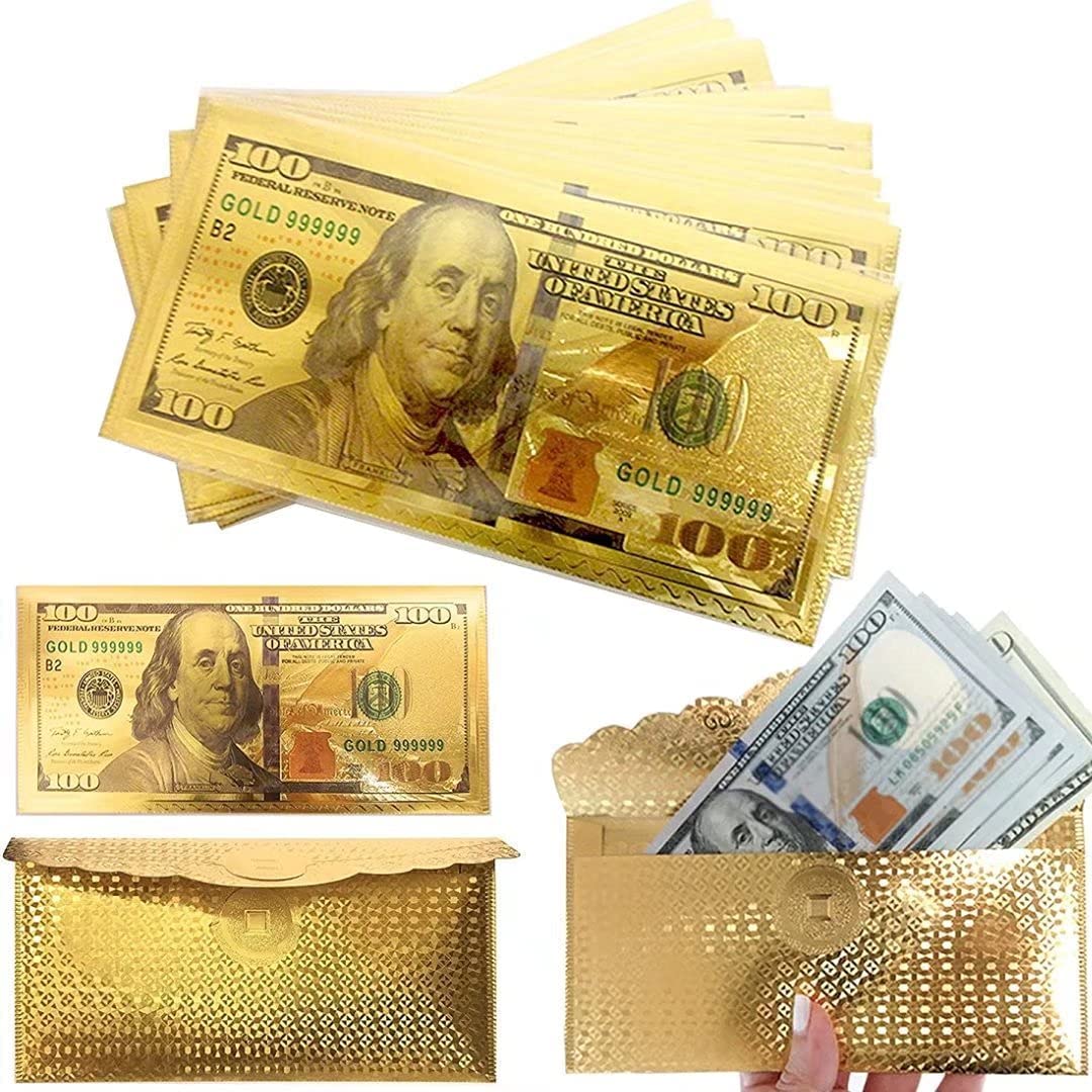 10 X $100 Dollar Bill Envelope Money Card Gift Gold Foil Plated Banknote Sleeve (Gold)