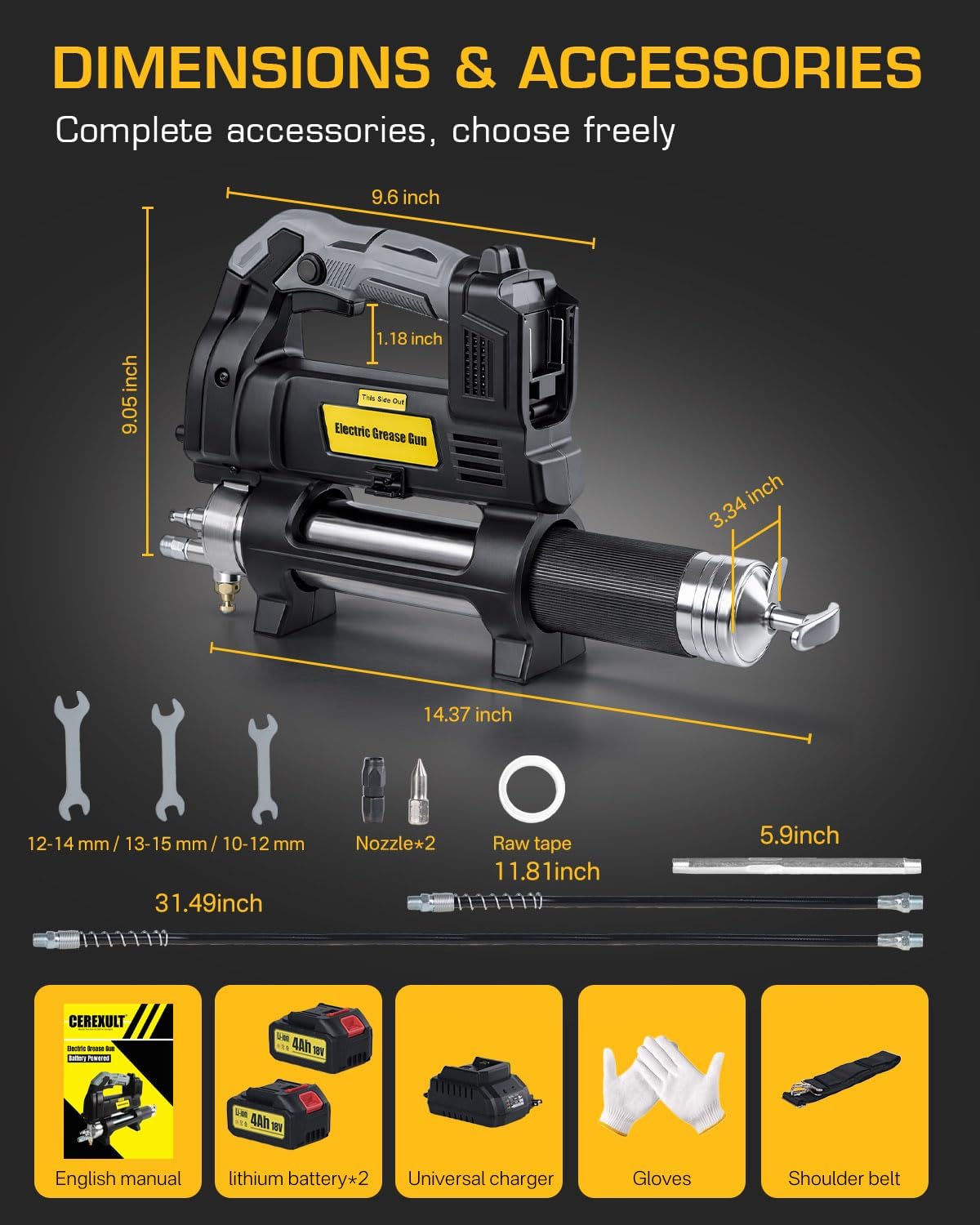 Grease Gun Battery Powered, Built for Farmers, Mechanics & Truckers, Electric Grease Gun Kit with 2 Batteries and Charger,14oz Capacity,39.4" Hose & LED Light for Tractors,Trailers,and Heavy Equipment