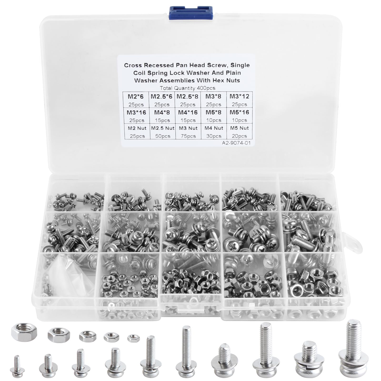 KEWAYO 400 Pieces Cross Pan Head Screws Nuts, Stainless Steel 304 Cross Screws with Washers Assortment Kit (M2 M2.5 M3 M4 M5), for Home and Office Appliance