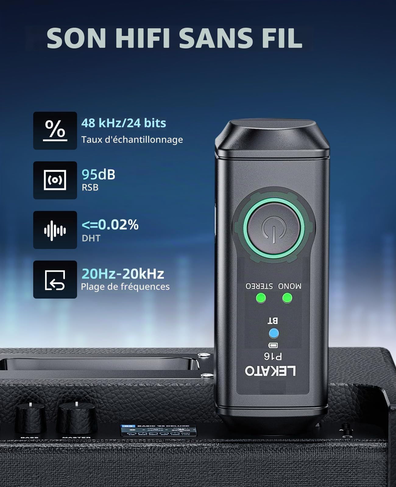 LEKATO Récepteur audio stéréo P16 XLR avec 15 heures de lecture, récepteur Bluetooth Hi-Fi avec portée de 50,3 m pour systèmes PA et DJ, mixeurs