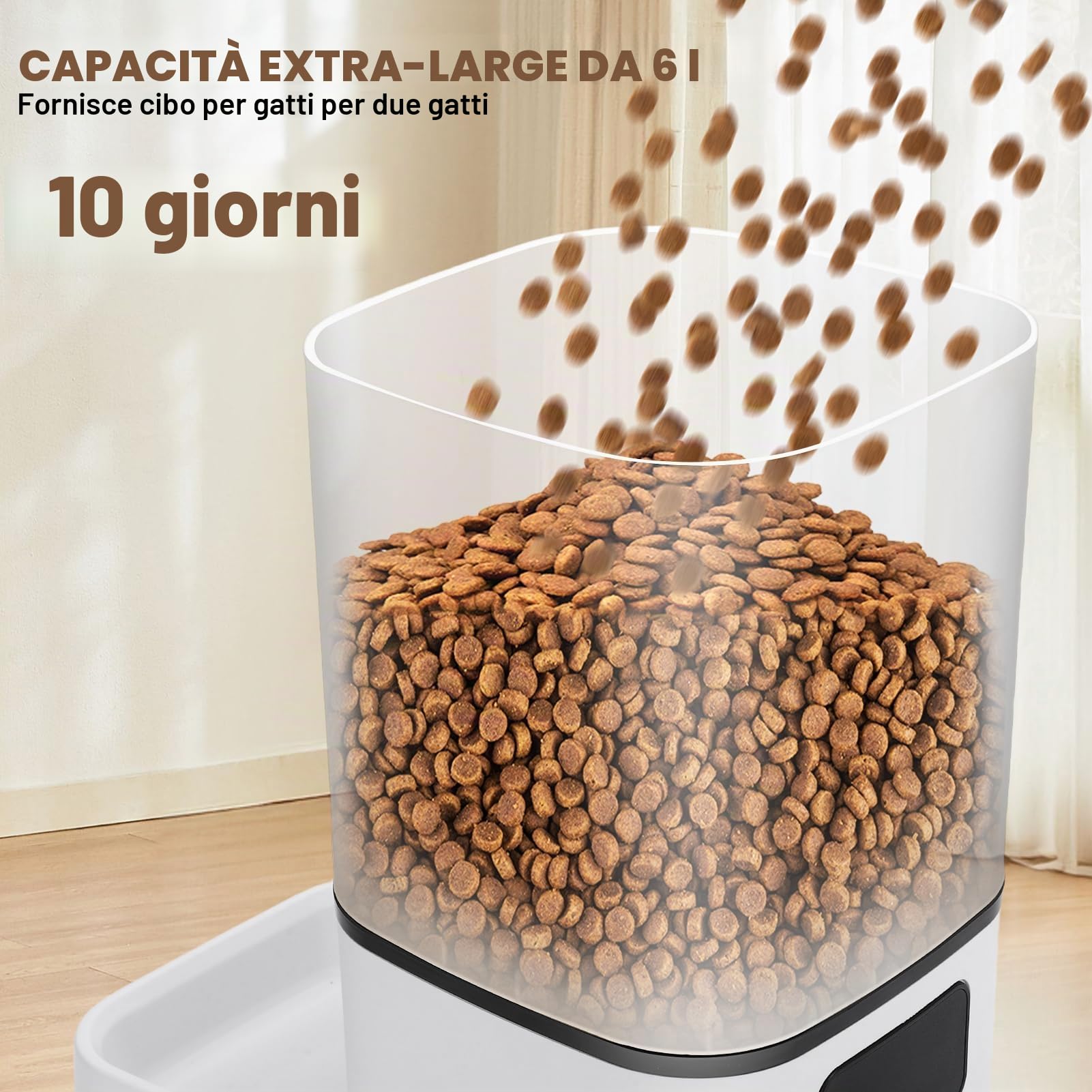 4L Distributore automatico di cibo per gatti, distributore automatico intelligente WiFi, controllo tramite app, doppio alimentatore,distributore di cibo per gatti e cani (6 litri, doppia ciotola)