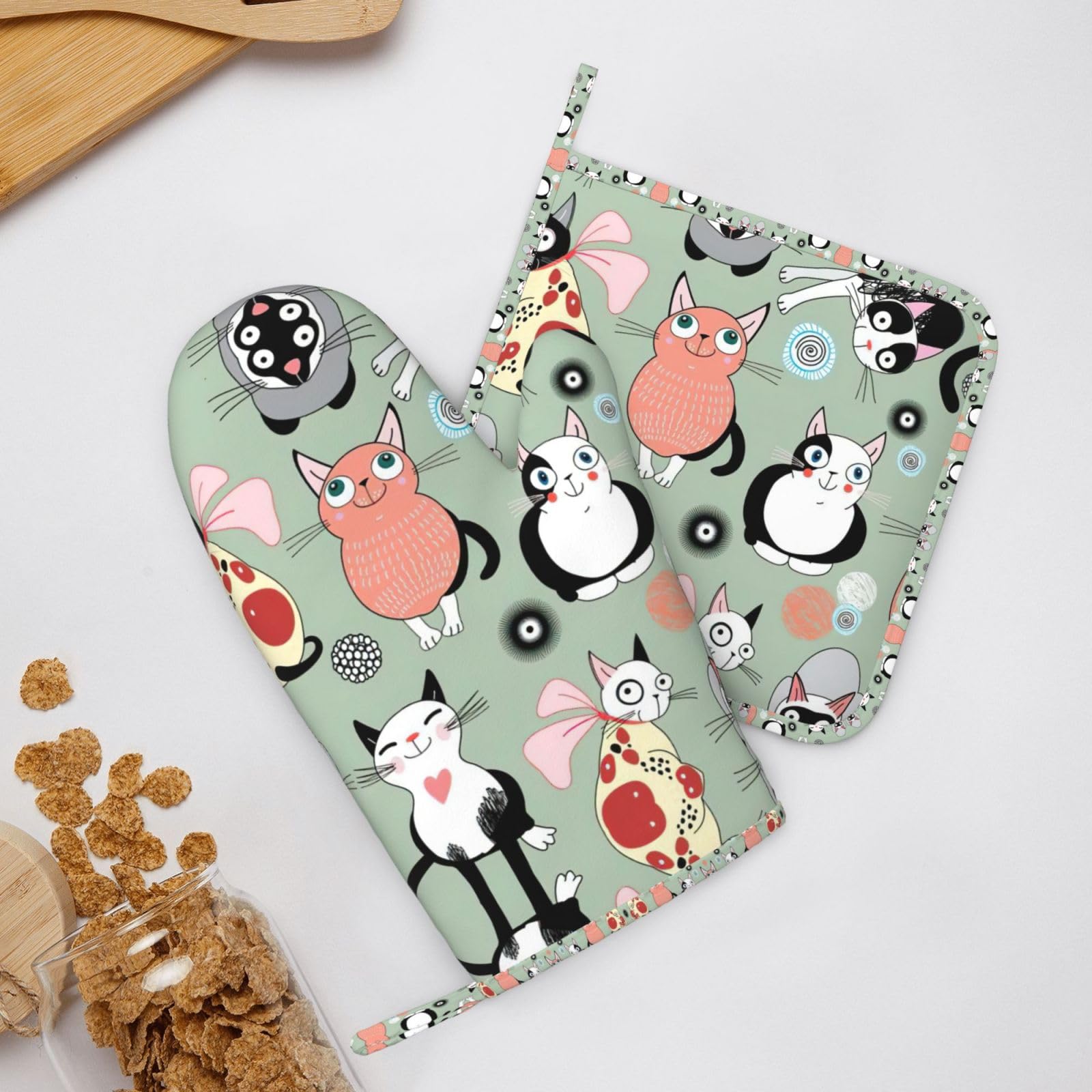 Set Gant + Manique Cuisine Motif Chat Et Plantes - Design Mignon Français, Protection Four Et Table, Kiub