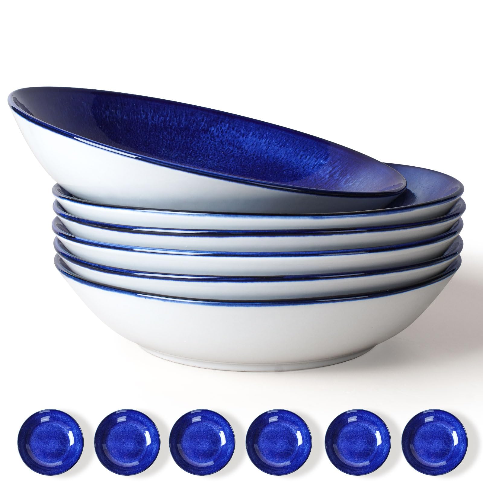 Pasta Bowls Set of 6, 25 Ounce Ceramic Salad Bowls, 7.85 Inch Dinner Plates, Serving Bowls for Party, Plates and Bowls Sets, Shallow Soup Bowls, Microwave Dishwasher Safe, Blue