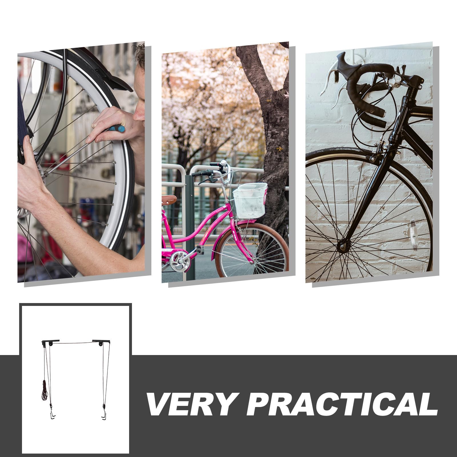 VILLCASE Elevador de Bicicletas de Acero Negro para Garaje Soporte de Pared, Sistema de Poleas para Colgar Bici y Ahorrar Espacio Hogar