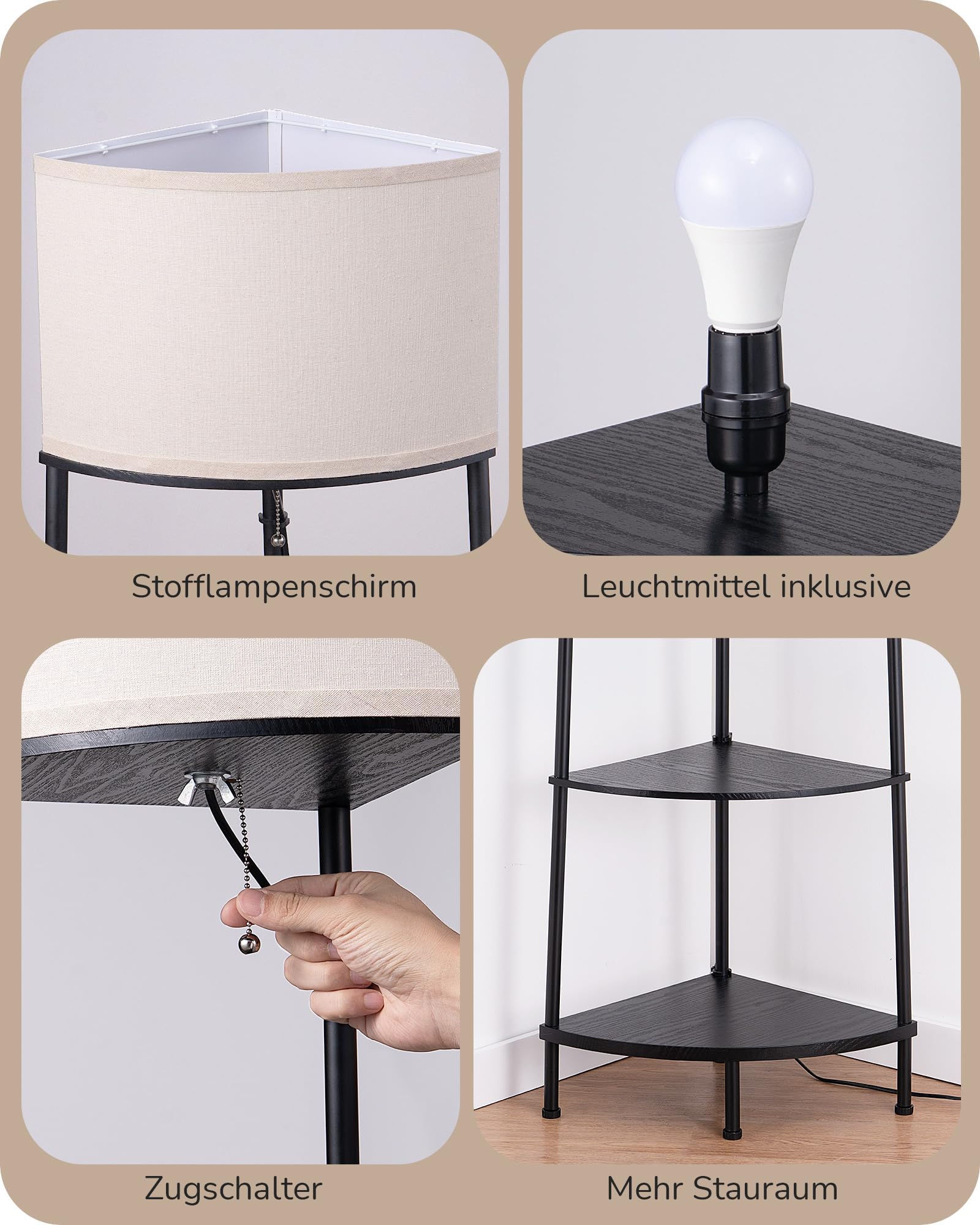 EDISHINE LED Stehlampe Wohnzimmer, mit Regal & Leinenschirm, Schwarz