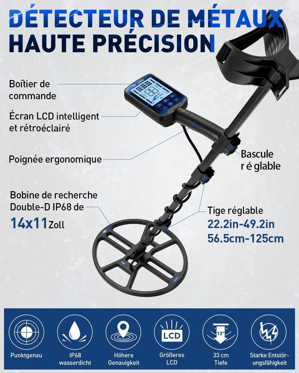 Hazlewolke Détecteur de Métaux Professionnel, Bobine de Recherche DD étanche 14'', Détecteur de Métaux avec Mode de localisation, Profondeur de Recherche de 33 cm, 4 Modes
