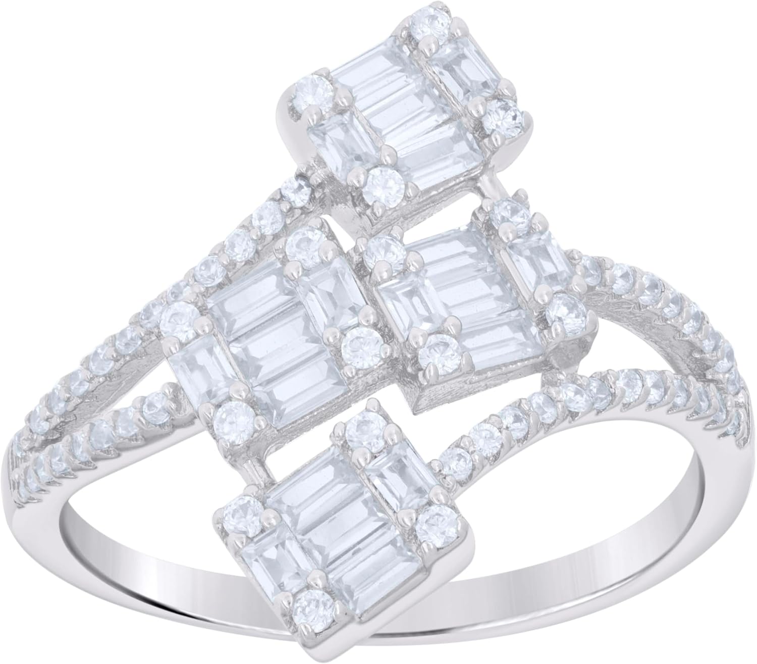 Jewels By Lux Sterling Silver Women's Baguette Round Cubic-Zirconia Fashion Bridal Anniversary Wedding Engagement Band Ring