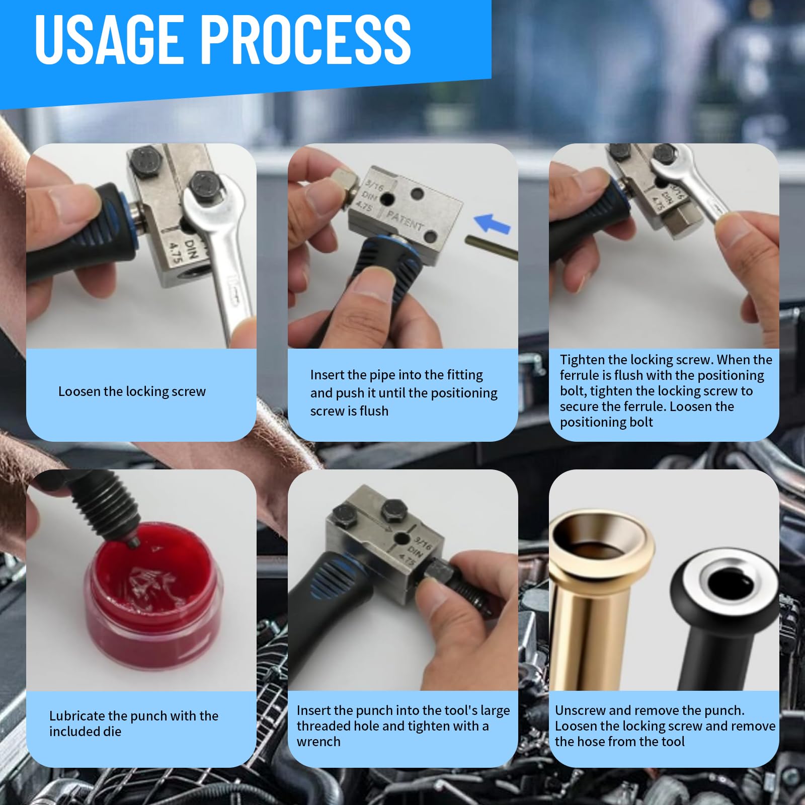 Herramienta de Rebordeo para líneas de Freno DIN con Cable de Freno de 4,75 mm, 5 Conexiones+Cinta de Sellado PTFE, Llave y Guantes para Sistemas de Frenos hidráulicos de vehículos