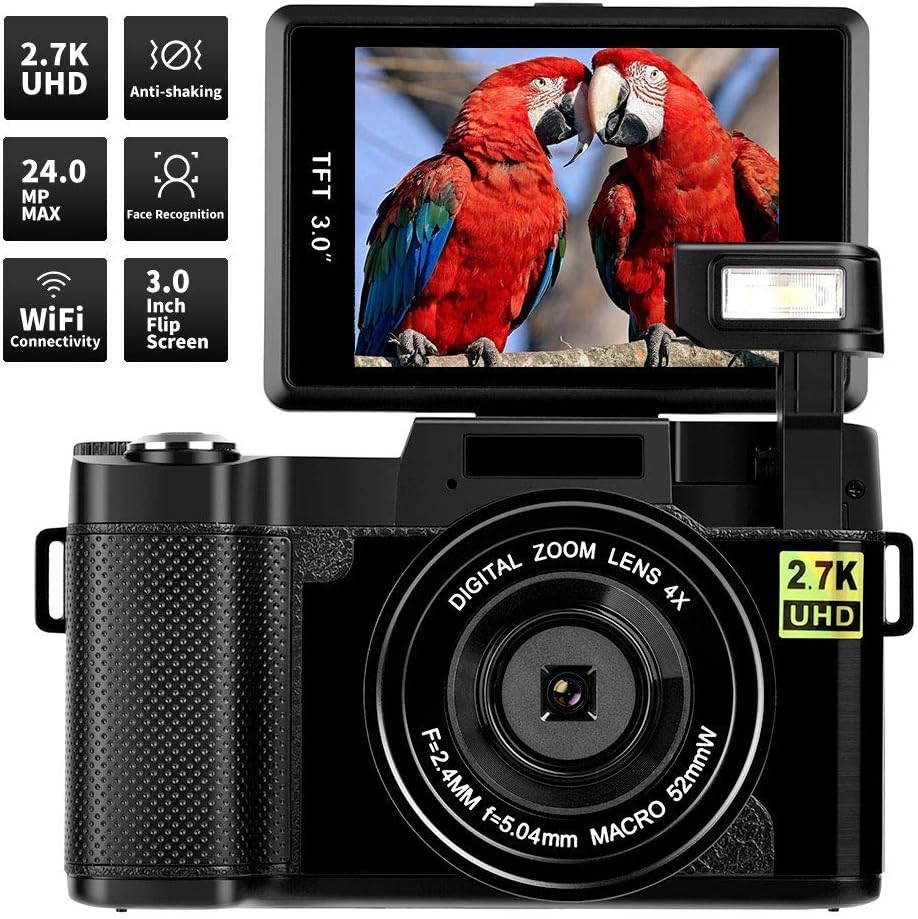 Digital Camera Vlogging Camera,24MP Ultra HD 2.7K WIFI YouTube Camera with 3.0 Inch Flip Screen and Retractable Flashlight