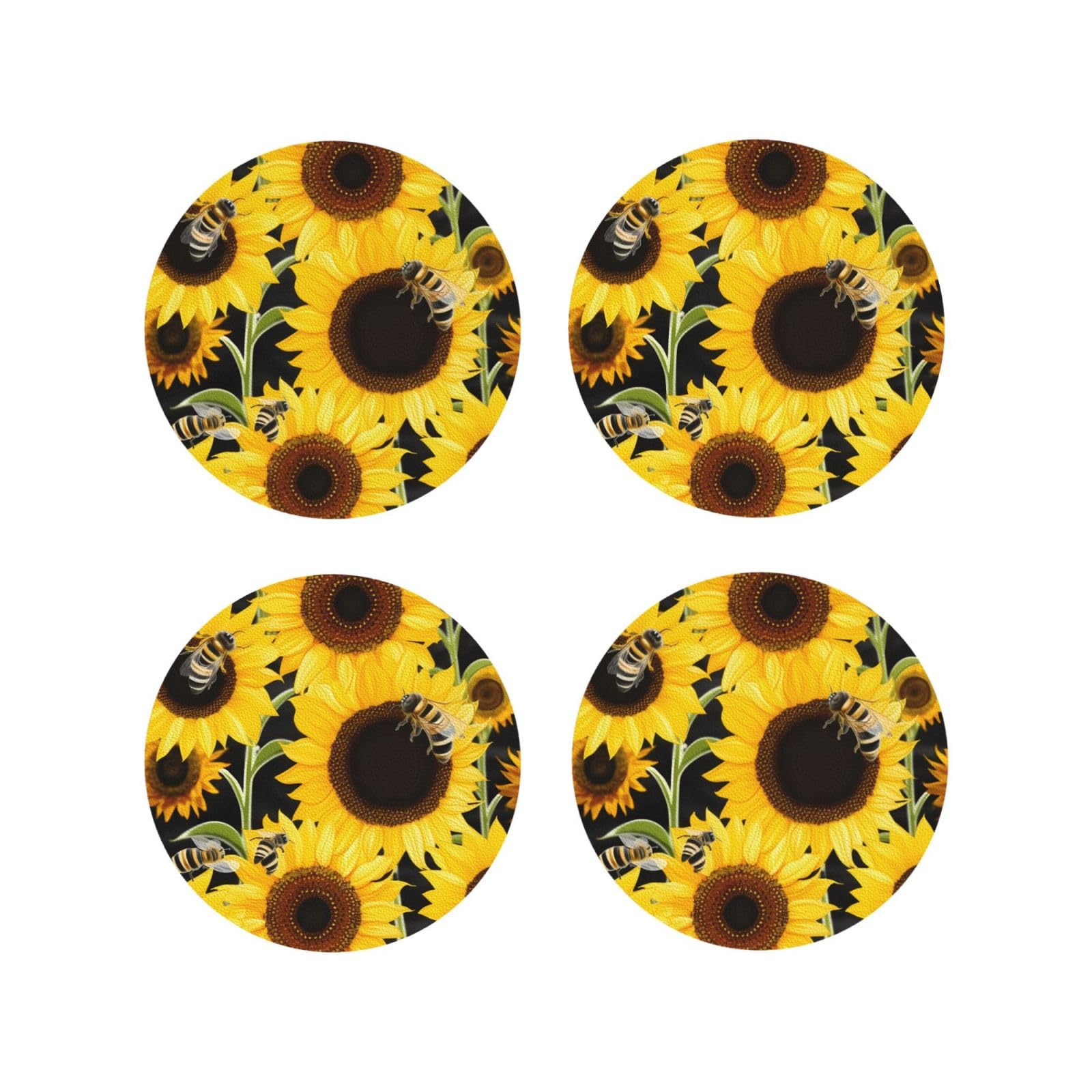 4Pcs PU Leather Coaster for Drinks, Sunflower Bees Cup Coastersr 4" Cup Mat Pad, Aesthetic Drink Coasters for Coffee Table, Round Shape Coaster for Tabletop Protection