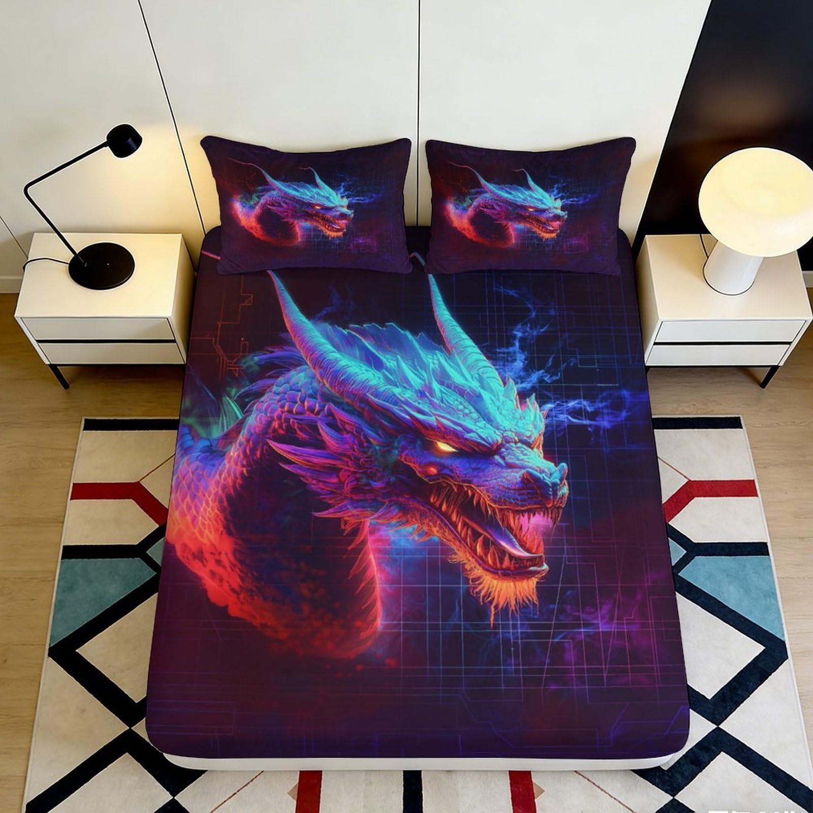 3D Printed Neon Dragon Fitted Sheet Microfiber Soft Breathable Cybernetic Pattern Mattress Cover for Bedroom Dormitory Guest Room Protection Decor 180x200x25cm