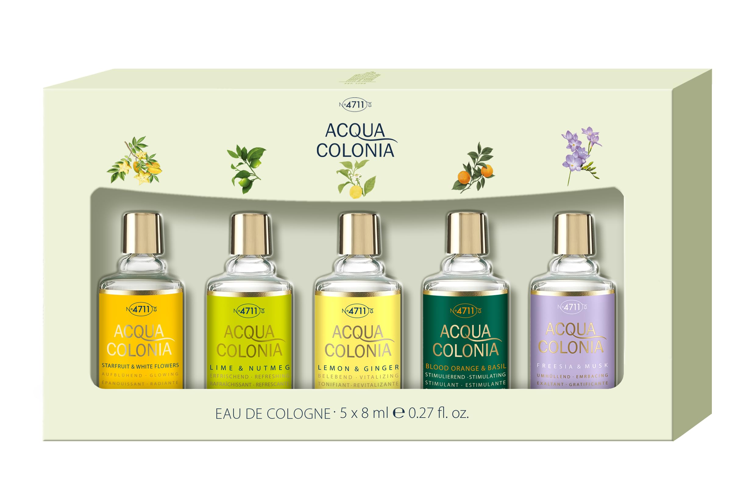4711 Acqua Colonia® Miniaturenset | Eau de Cologne - Wellness für die Sinne | 5x8ml (Freesia & Musk/Starfruit & White/Blood Orange & Basil/Lime & Nutmeg/Lemon & Ginger)