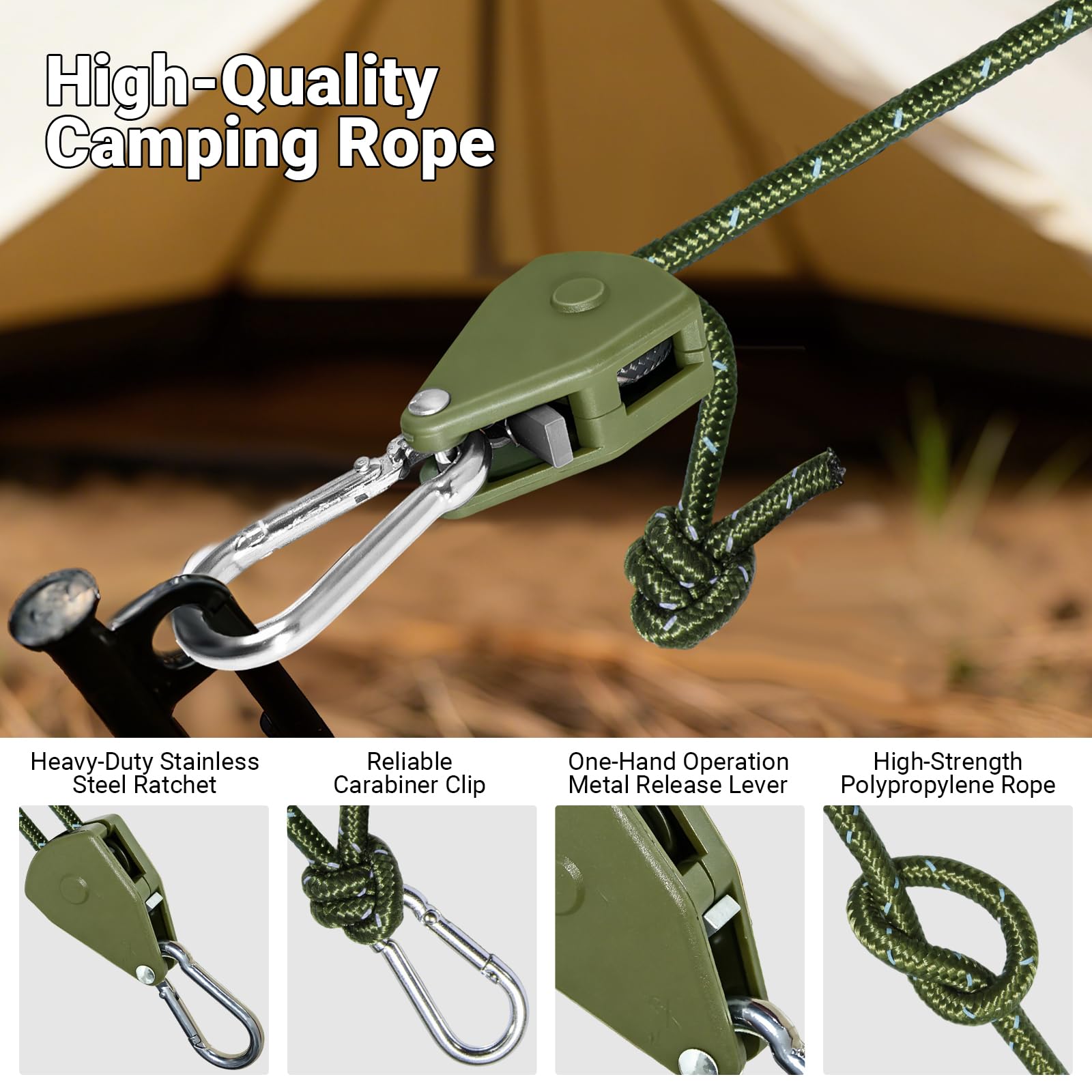ZZ-TMS Camping-Seil, Spannseile mit Ratschensystem, 6 Stück, Armeegrün, 4 mm x 4 m, 6 Stück