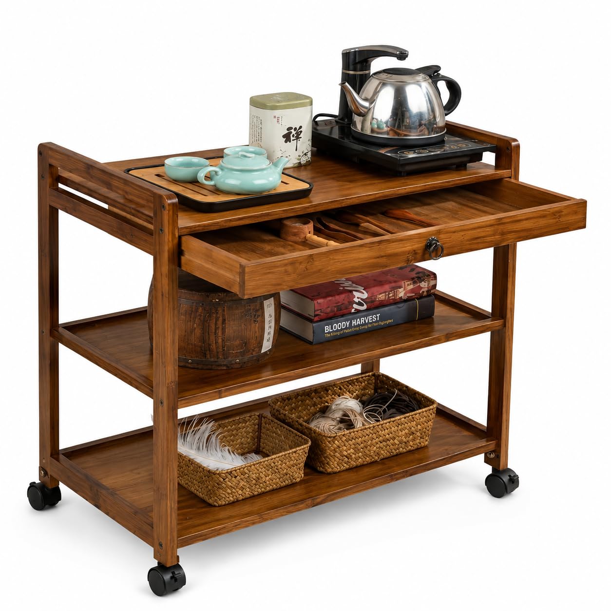 Solid Wood Rolling Utility Serving Trolley 3-Level Wooden Serving Trolley with Pull Out Tray- Dark Brown Finish-image-1