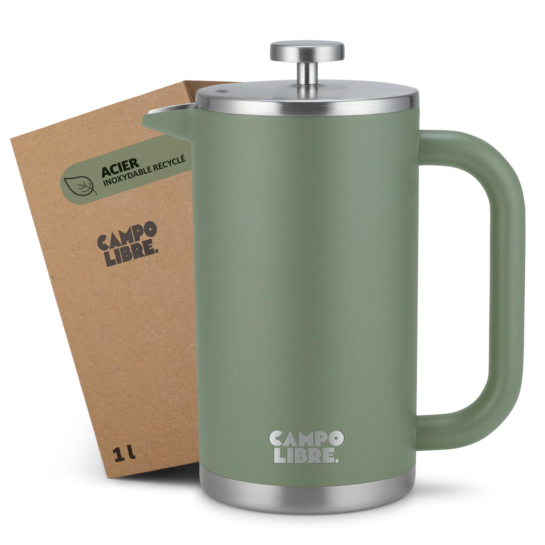 Campo Libre.® GIORGIO – Cafetiere a Piston en Acier Inoxydable Recyclé, Double Paroi Isotherme, Sans Plastique – French Press avec Filtre de Rechange – Passe au Lave-Vaisselle. Vert, 1000ml, 1l